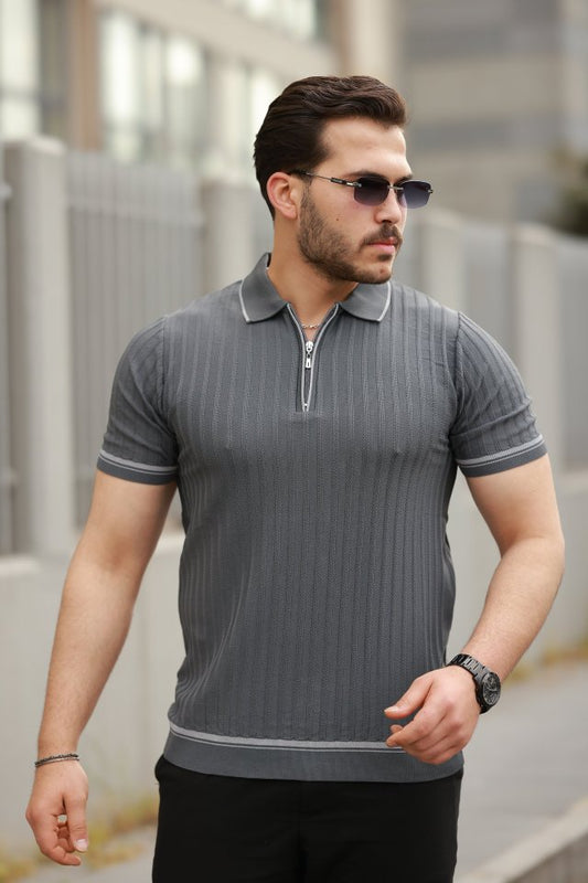 Erkek Fermuarlı Yakalı Kısa Kollu T-shirt