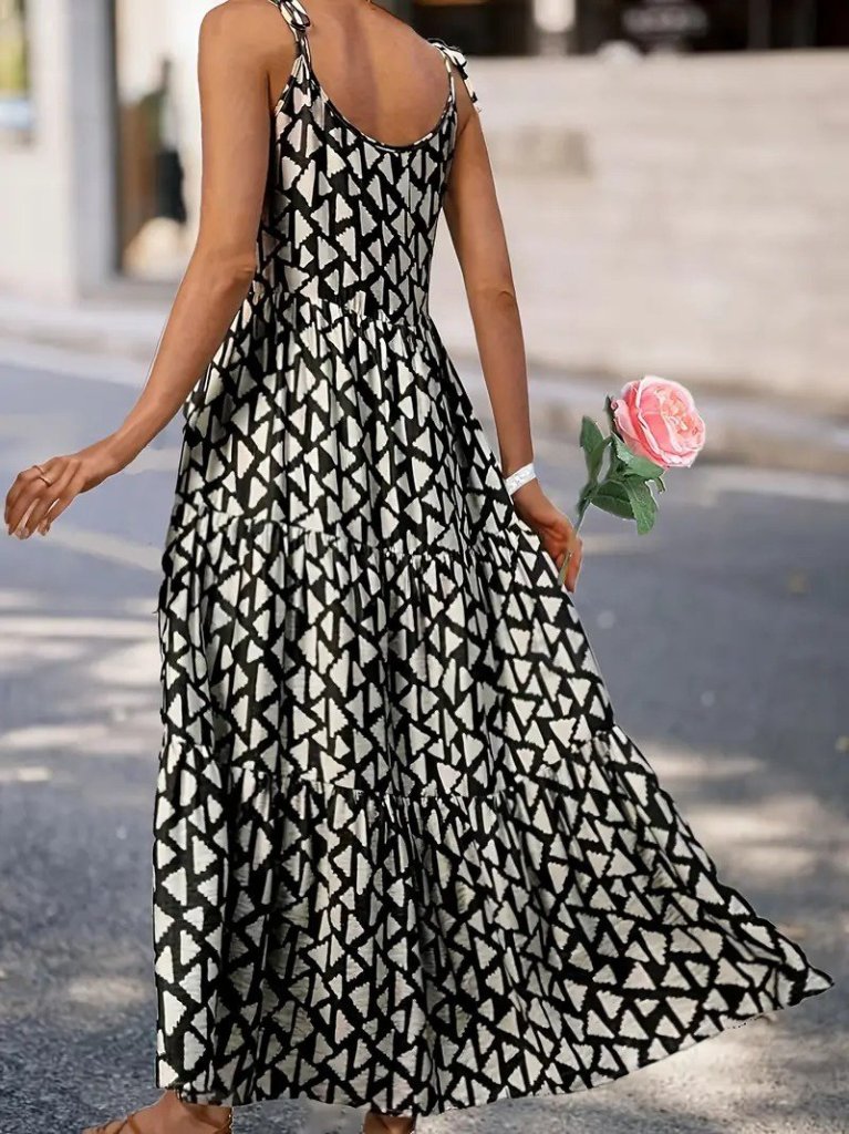 Kadın Askılı Yuvarlak Yaka Fırfırlı Desenli Uzun Bürümcük Elbise