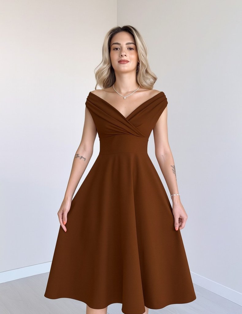 Kadın Kısa Kollu Kruvaze Yaka Eteği Volanlı Krep Elbise