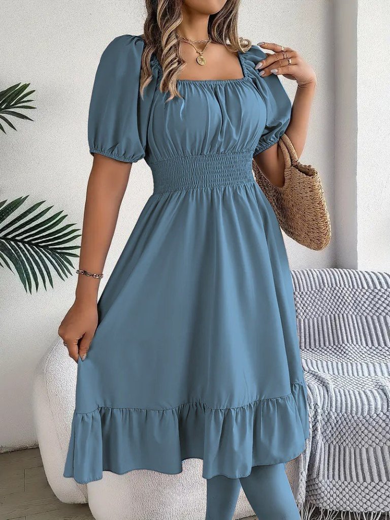 Kadın Kısa Kollu Kare Yakalı Beli Lastikli Kısa Trikoton Elbise