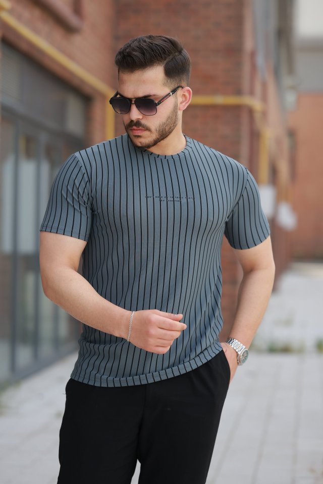 Erkek Dikey çizgili Ottoman Kumaş Kısa Kollu T-shirt