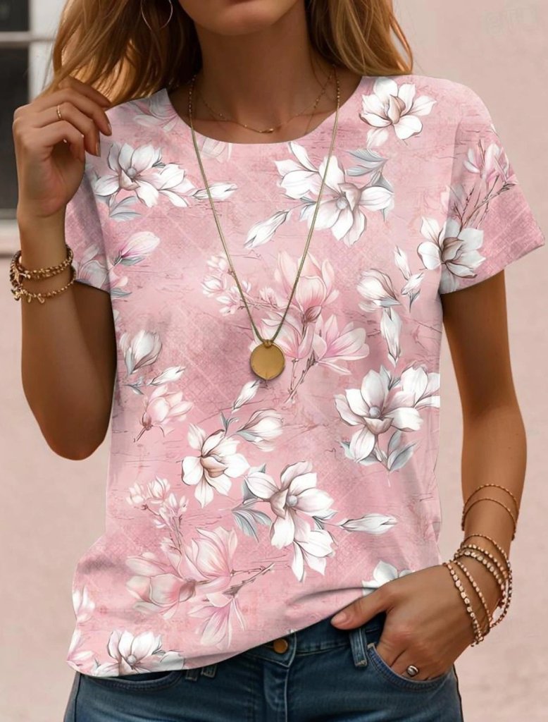 Kadın Kısa Kollu Bisiklet Yaka çiçek Desenli Viskon Bluz