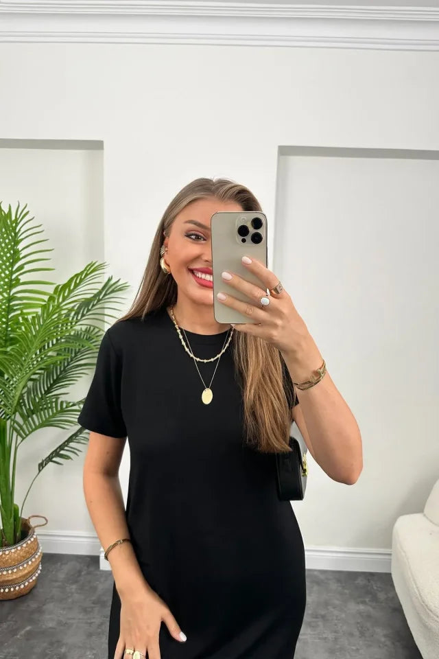 Kadın Viskon Kumaş Kısa Kollu çift Yırtmaç Detaylı Salaş Elbise