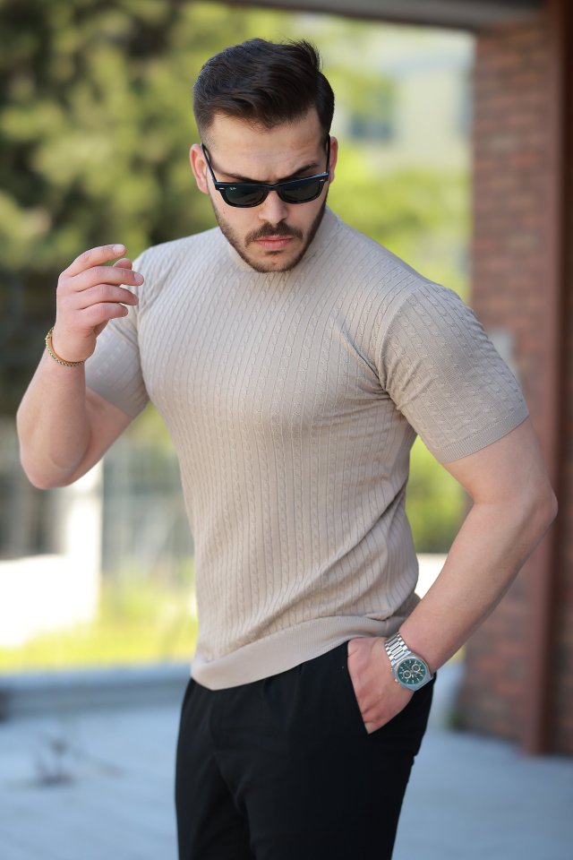 Erkek Bisiklet Yaka örgü Desenli Kısa örme Triko Kısa Kollu T-shirt