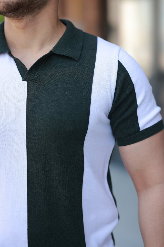 Erkek Kısa Kollu Polo Yakalı Blok Desenli Triko Bluz