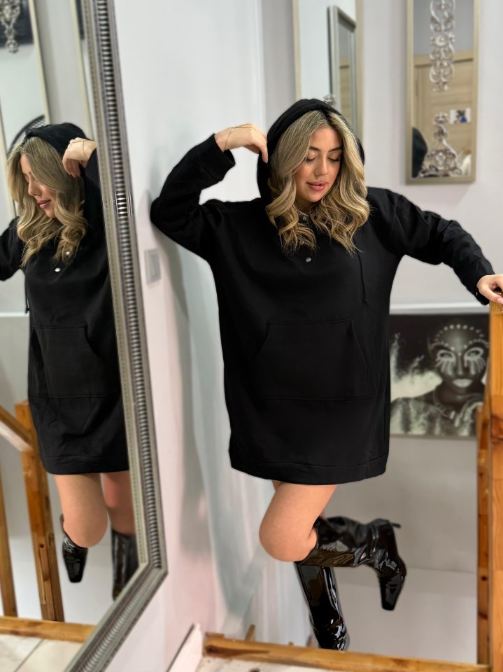 Kadın Uzun Kollu Kapşonlu Bağcıklı önden Düğmeli Ve Cepli Iki Iplik şardonlu Elbise