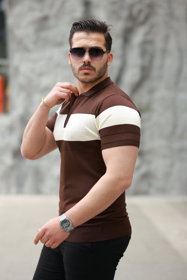 Erkek Fermuar Yakalı şerit Renk Desenli Kısa Kollu Tişört