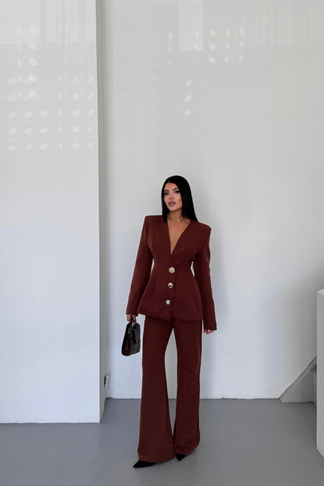 TASARIM CEKET-PANTOLON TAKIM METAL DÜĞME DETAYLI - Kahverengi