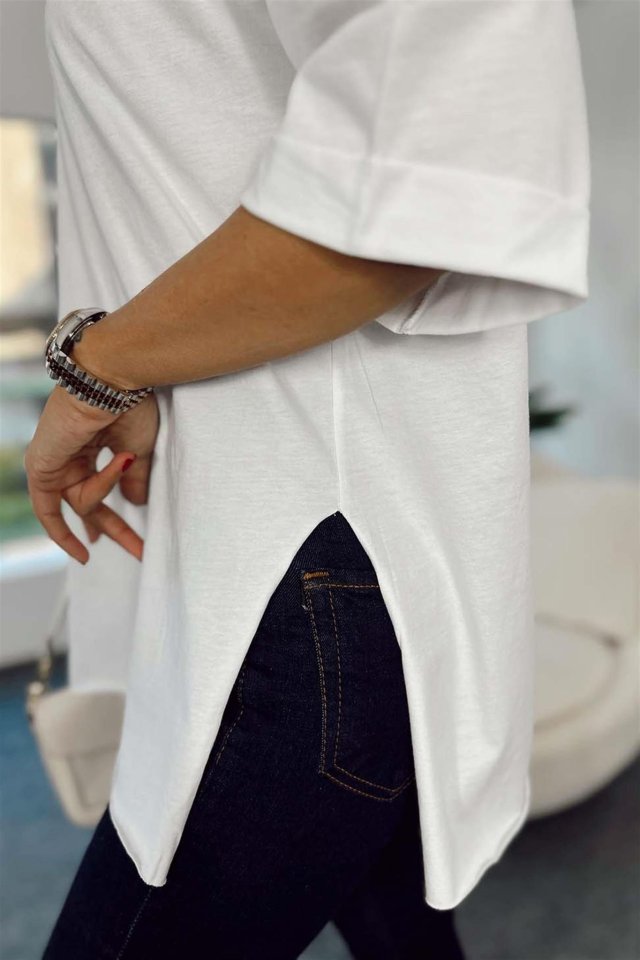 4123 Yırtmaçlı Oversize Tişört - Beyaz