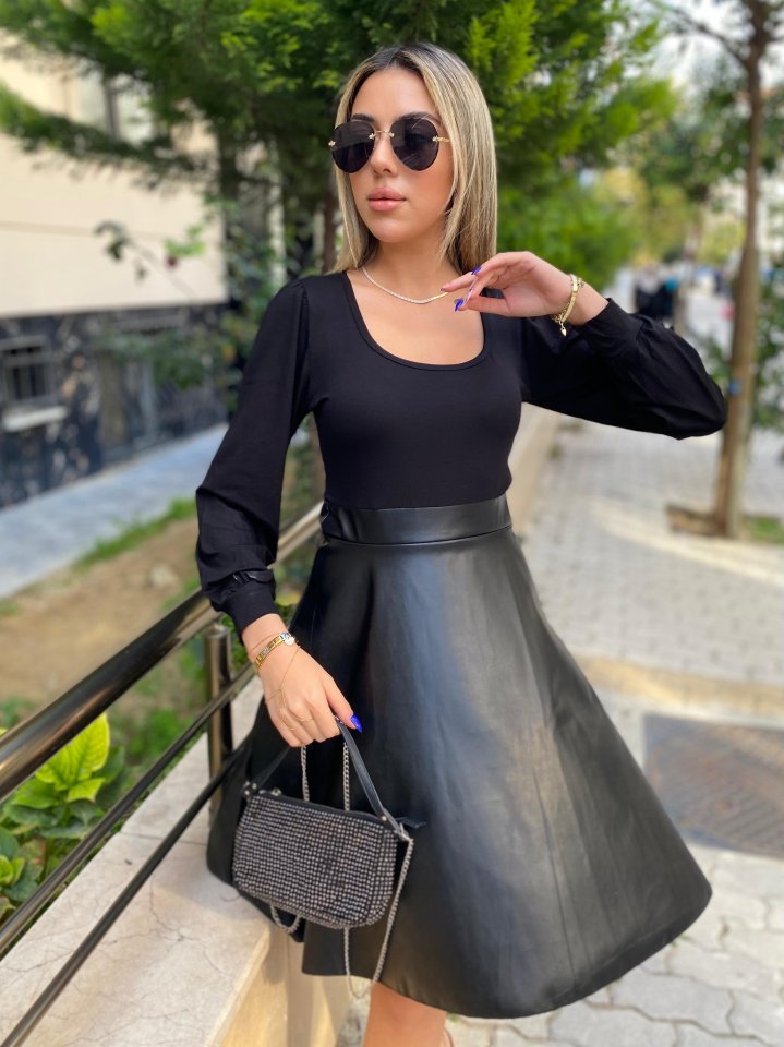 Kadın Uzun Kollu üst Viskon Alt Kloş Deri Elbise