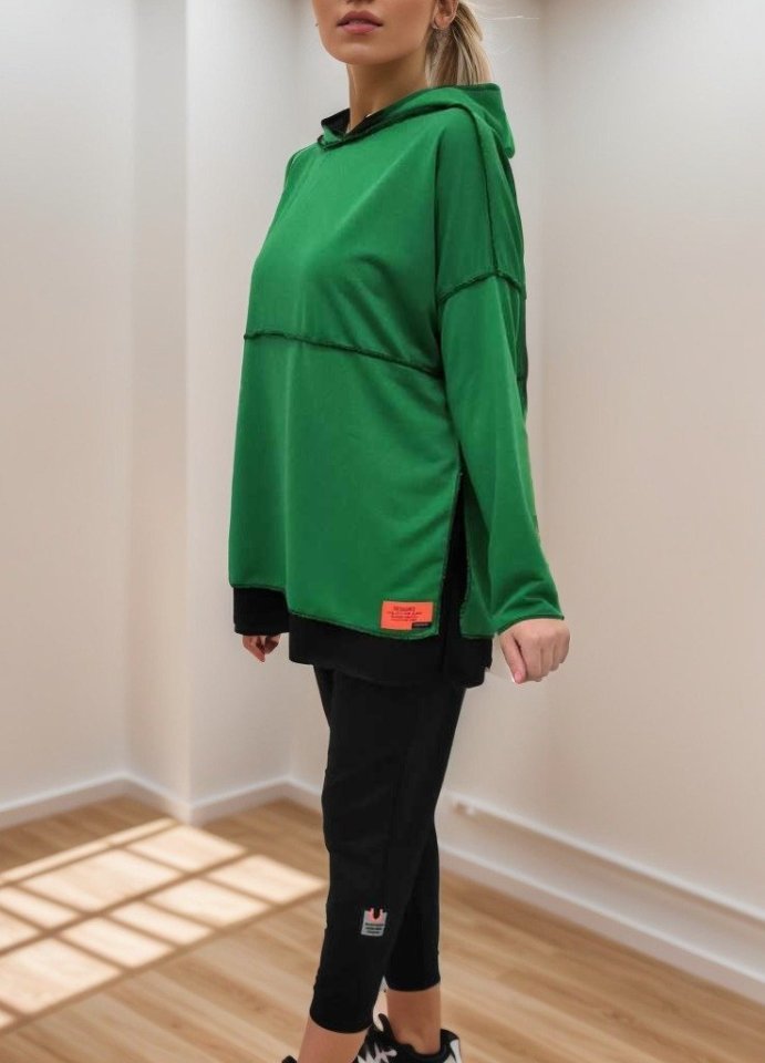 Kadın Yeşil Kapşonlu Etek Ucu Detay Arma Ters Dikiş Gorunumlu Ikili Takım