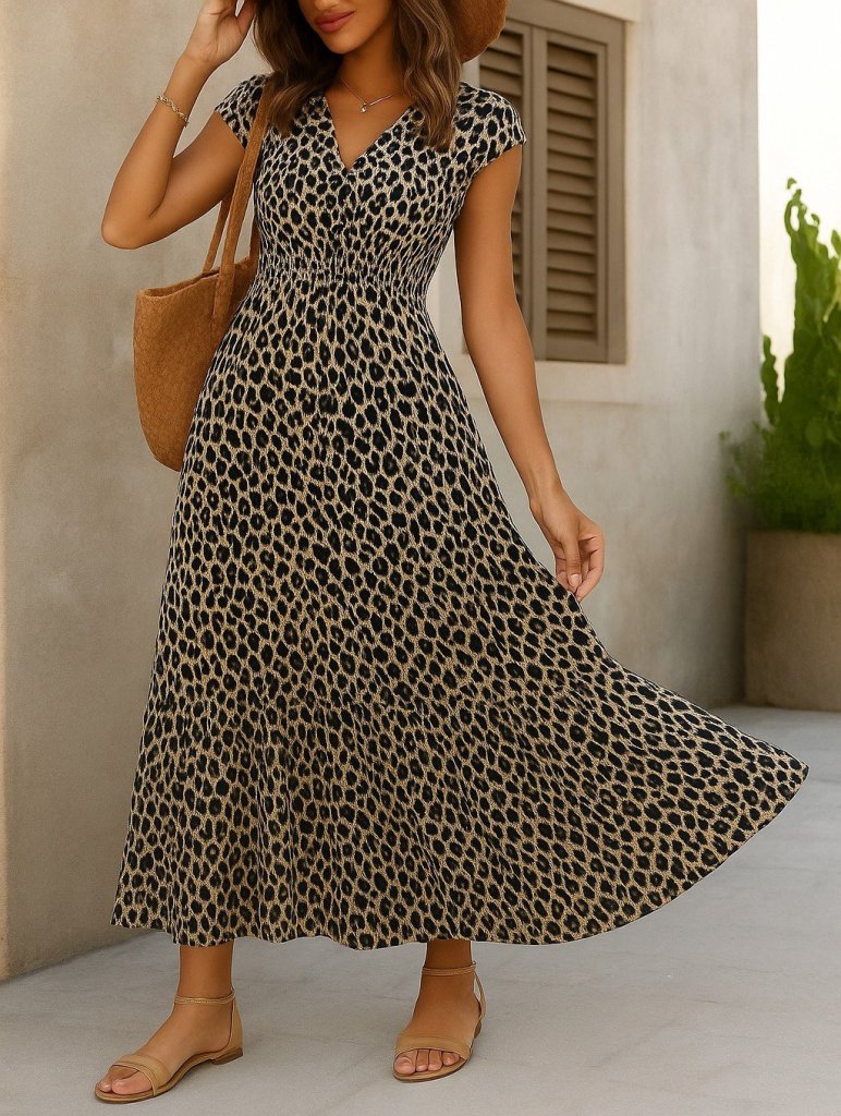 Kadın Kısa Yarasa Kanat Kollu V Yakalı Beli Büzgülü Süprem Elbise