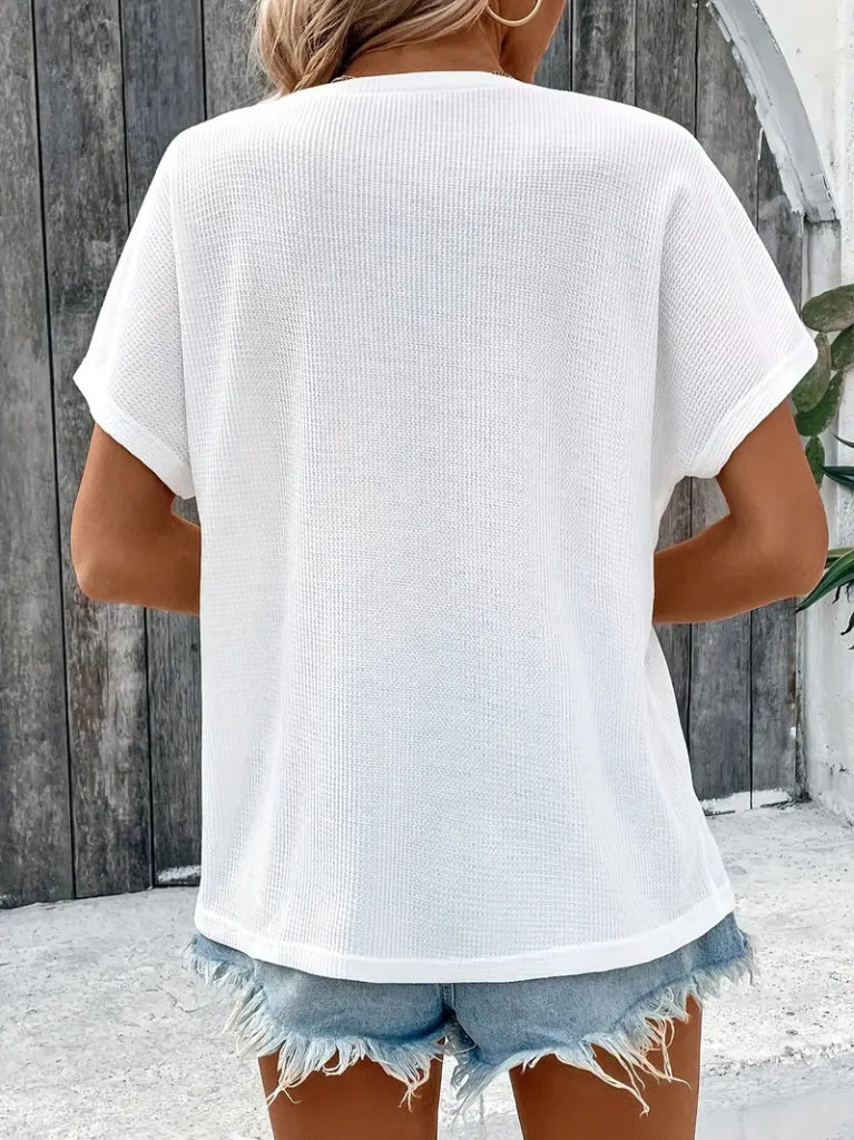 Kadın Kısa Kollu Yakası Açık önden Düğmeli Waffle Bluz