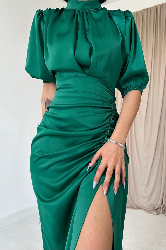 Petrol Büzgülü Saten Elbise