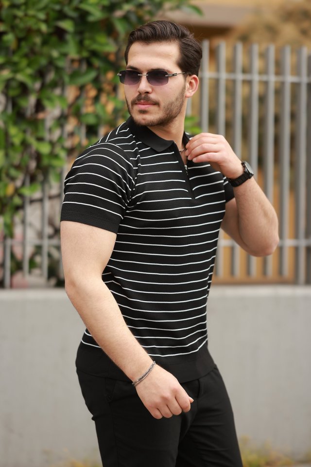 Erkek Fermuar Yakalı çizgili Kısa Kollu T-shirt