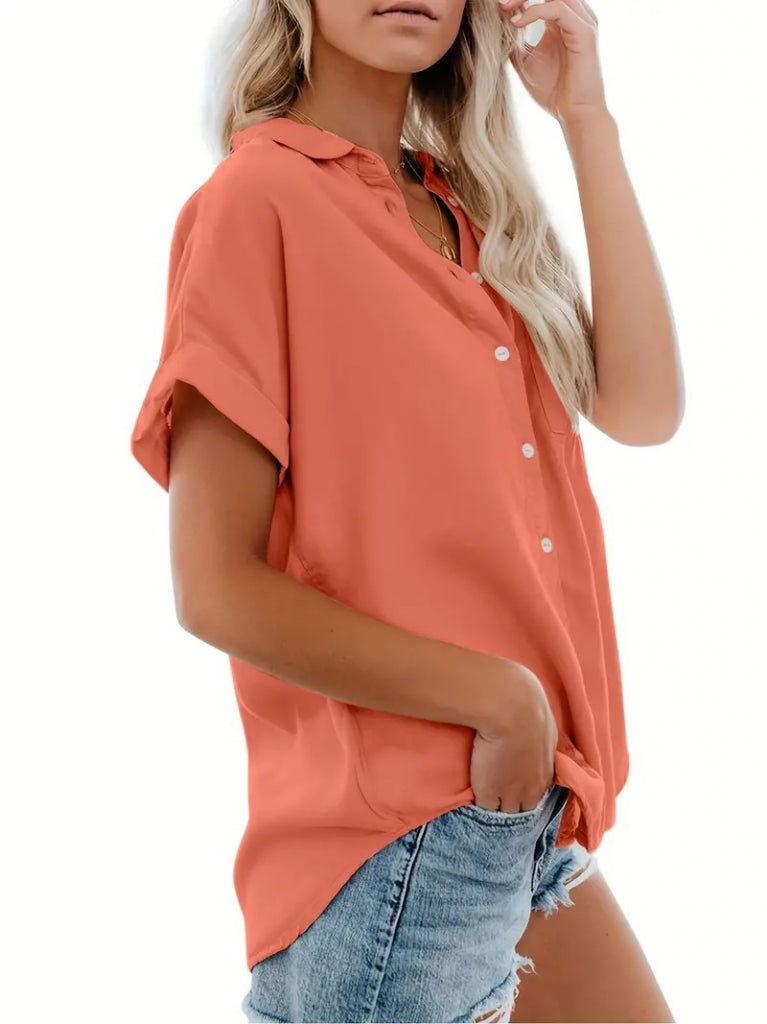 Kadın Kısa Kollu V Yakalı önden Düğmeli Dokuma Gömlek