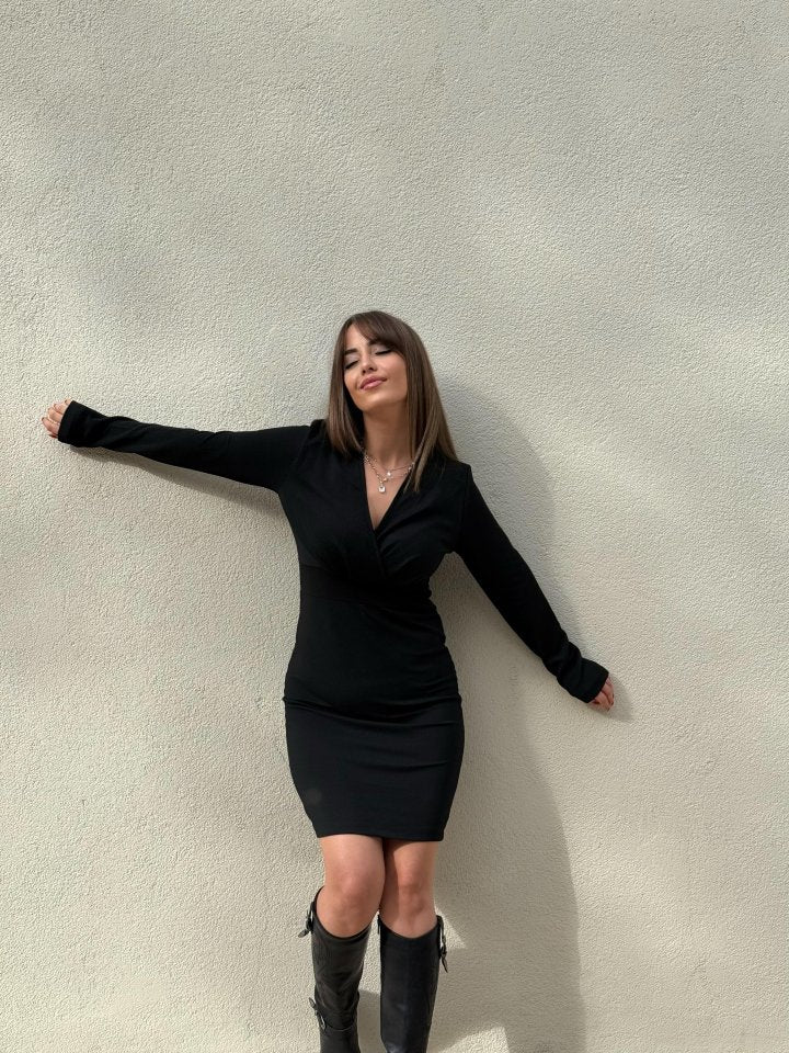 Kadın Uzun Kollu Kruvaze Yaka Krep Mini Boy Elbise