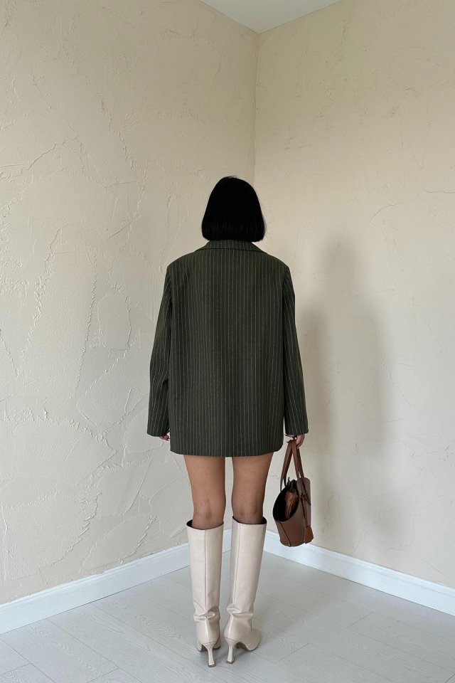 Haki Çizgili Oversize Ceket