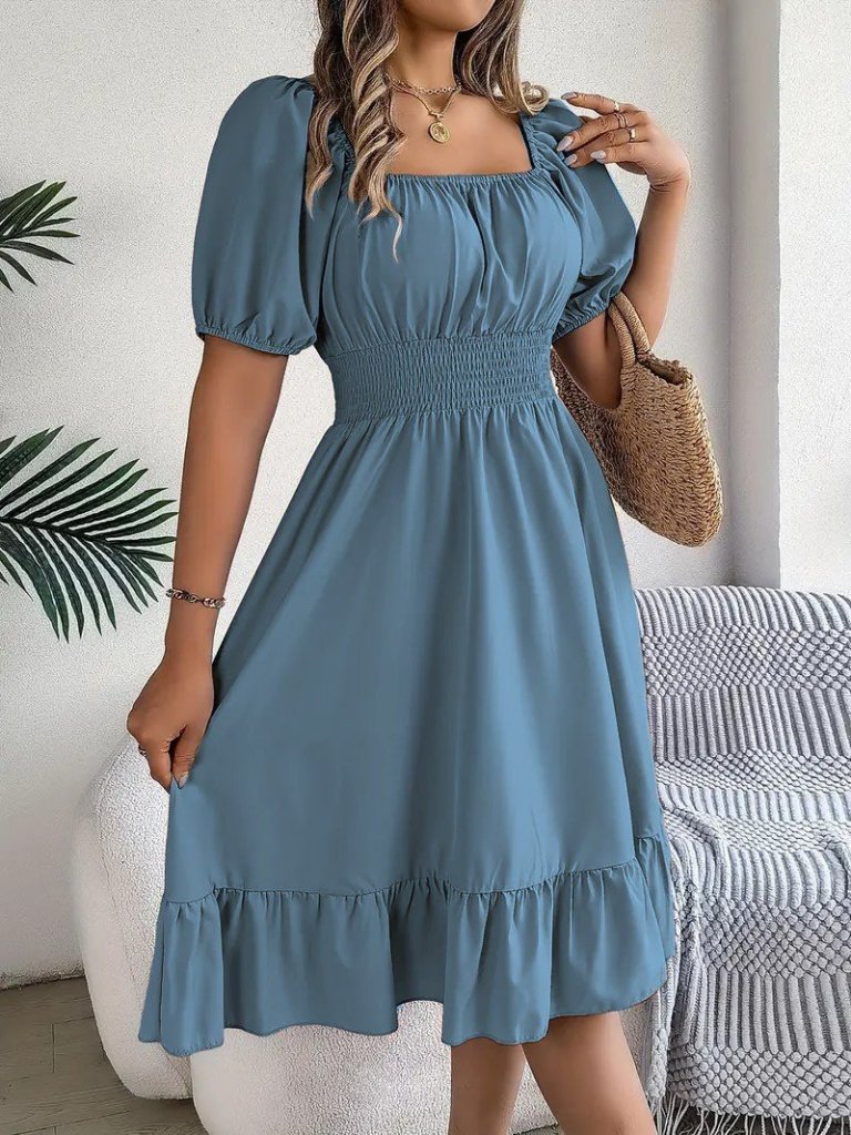 Kadın Kısa Kollu Kare Yakalı Beli Lastikli Kısa Trikoton Elbise