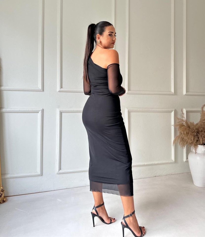 Kadın Uzun Kollu Omuz Dekolteli Içi Astarli Midi Boy Tül Elbise