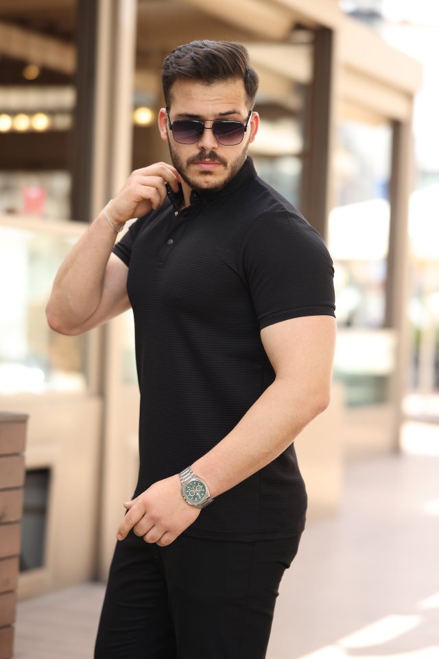 Erkek çizgi Dokulu çıtçıt Yakalı Kısa Kollu T-shirt