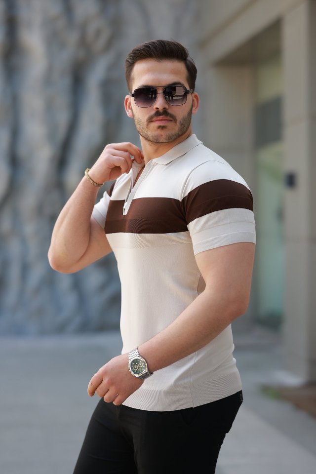 Erkek Fermuar Yakalı şerit Renk Desenli Kısa Kollu Tişört