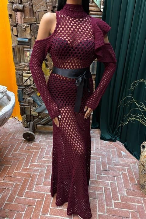 Saten Kuşaklı Ajurlu Triko Elbise 2847