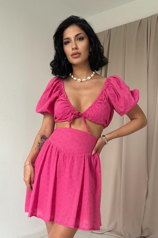 Fuşya Brode Crop Ve Mini Etek Takım