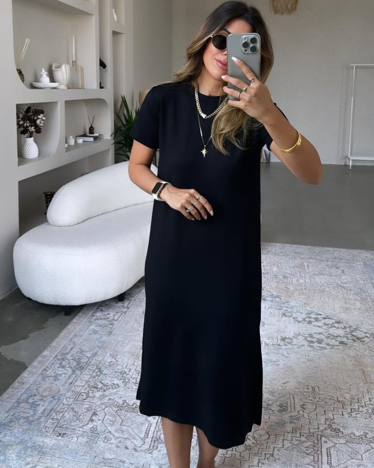 Kadın Viskon Kumaş Kısa Kollu çift Yırtmaç Detaylı Salaş Elbise