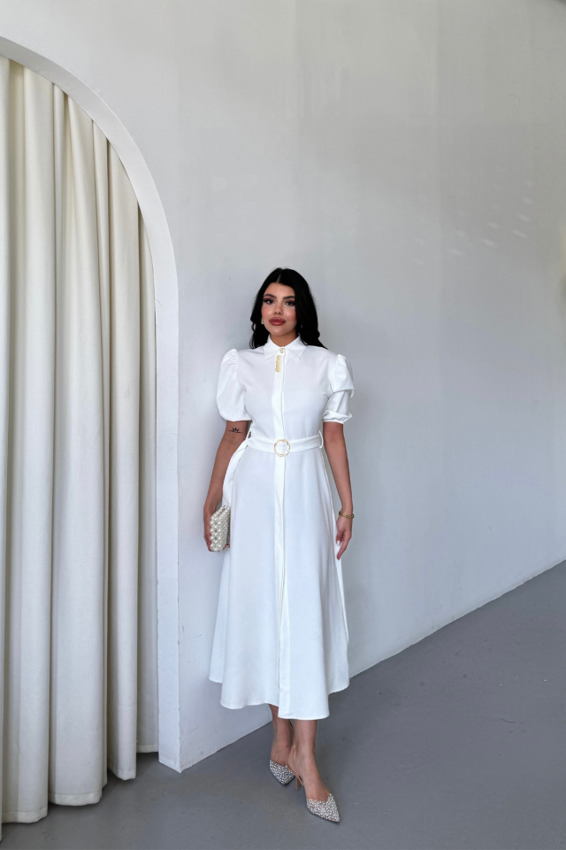 YAKA DÜĞME DETAYLI ELBİSE - Beyaz