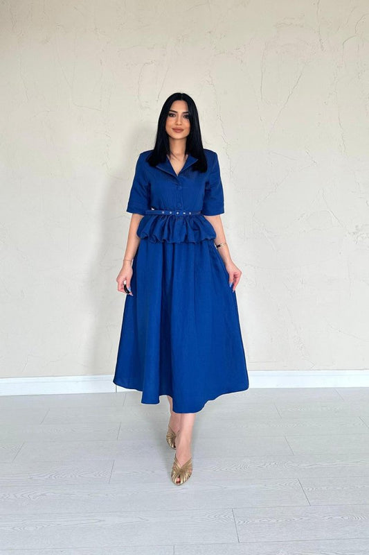 Lacivert İnce Kemerli Fırfırlı Ceket Ve Büzgülü Etek Takım