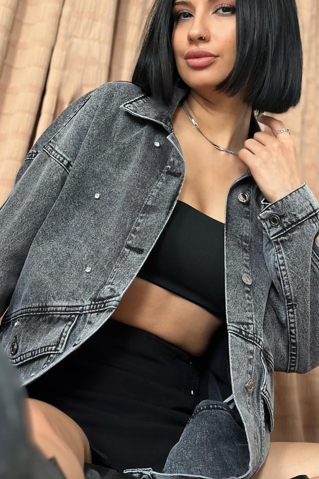 Siyah Taşlı Kot Ceket