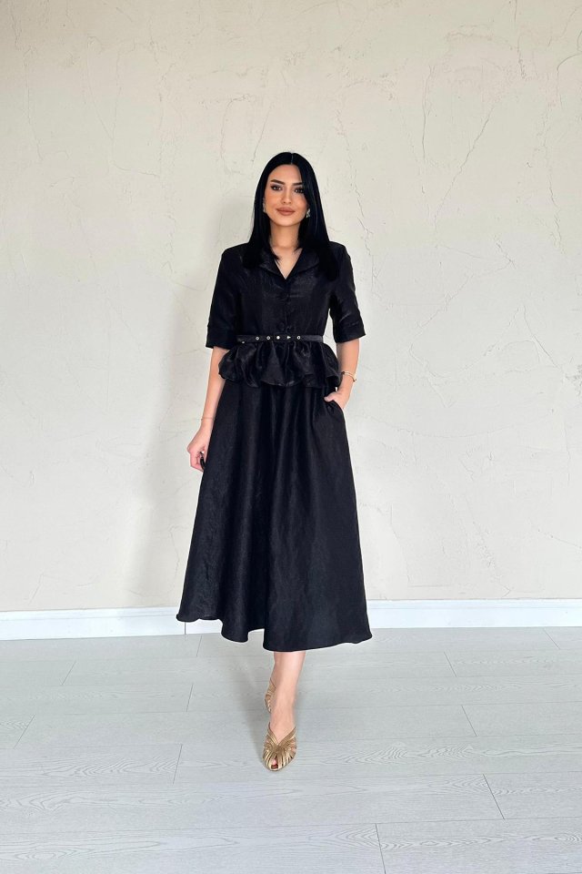 Siyah İnce Kemerli Fırfırlı Ceket Ve Büzgülü Etek Takım