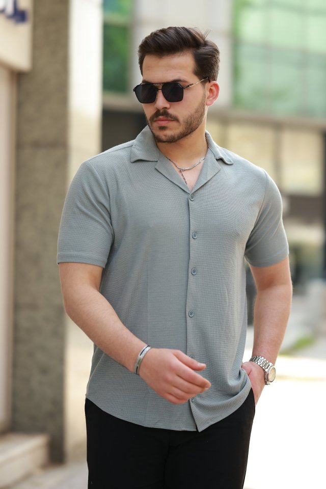 Erkek Apaç Yaka örme Kumaş Kısa Kollu Gömlek
