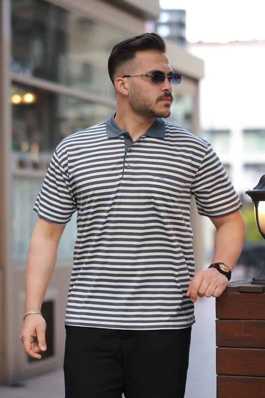 Erkek Yakalı çizgili Kısa Kollu T-shirt