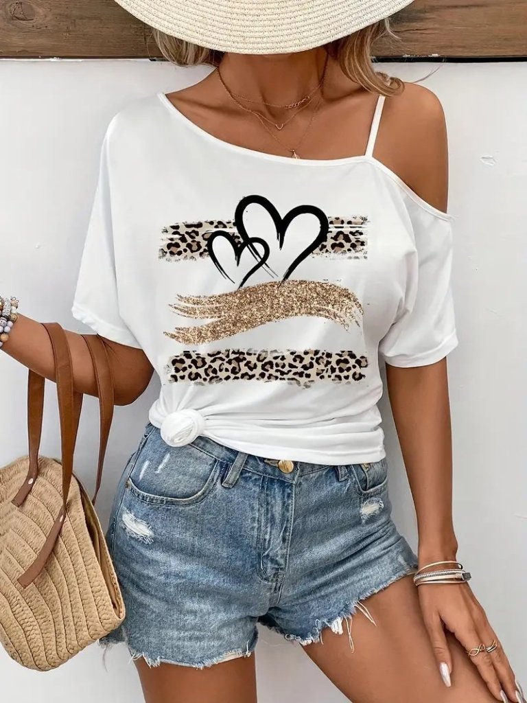 Kadın Tek Omuzu Açık Ip Askılı Baskılı Viskon Bluz