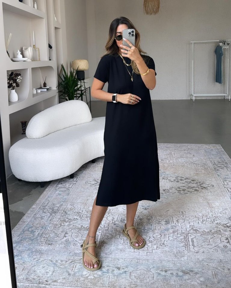 Kadın Viskon Kumaş Kısa Kollu çift Yırtmaç Detaylı Salaş Elbise