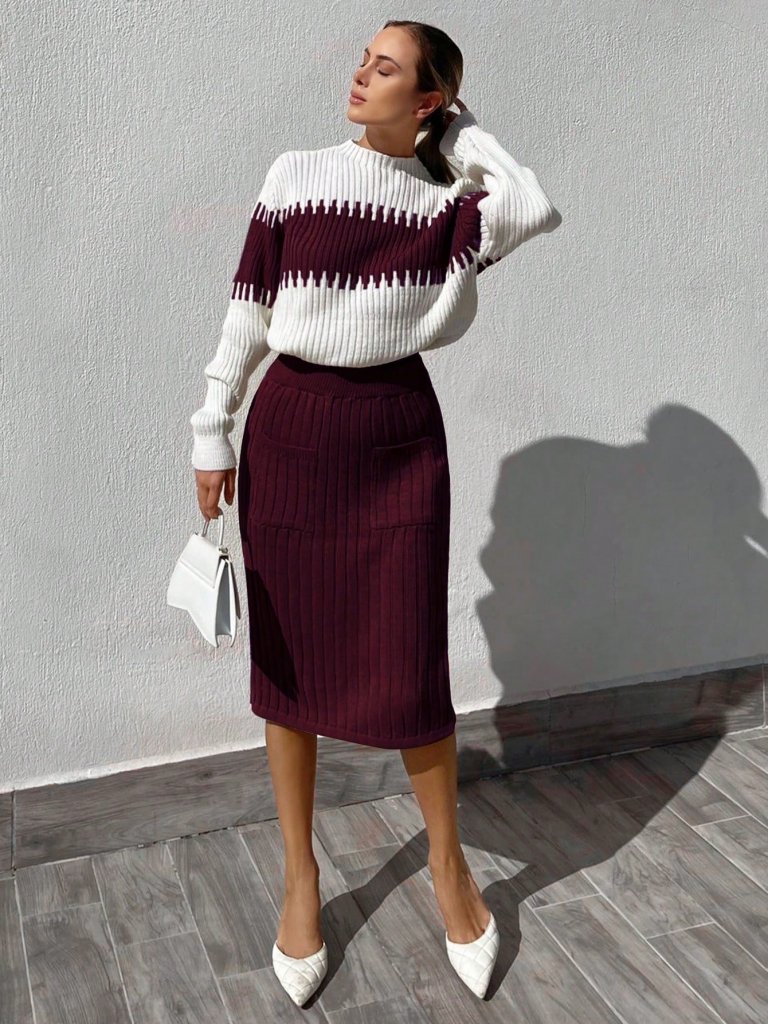 Kadın Uzun Kollu Triko Etekli Takım