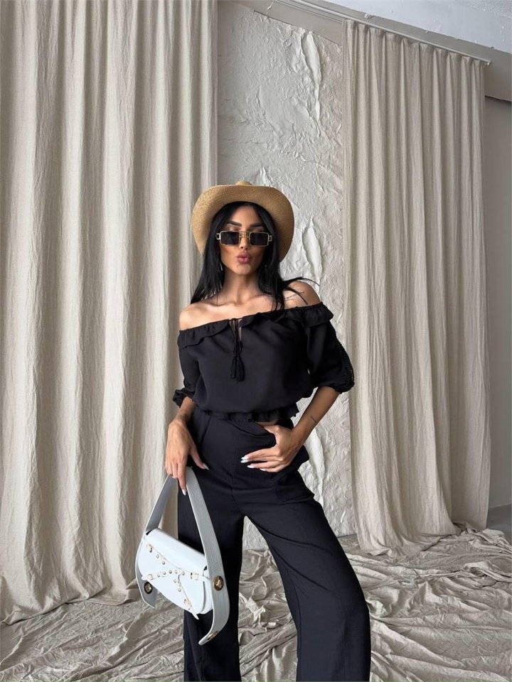 KETEN MADONNA YAKA KOL HASIR ŞERİT - PANTOLON TAKIM - Siyah