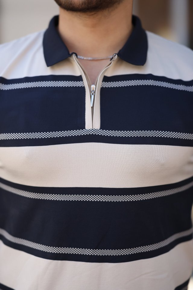 Erkek Yakalı Fermuarlı çift Renk Kısa Kollu T-shirt