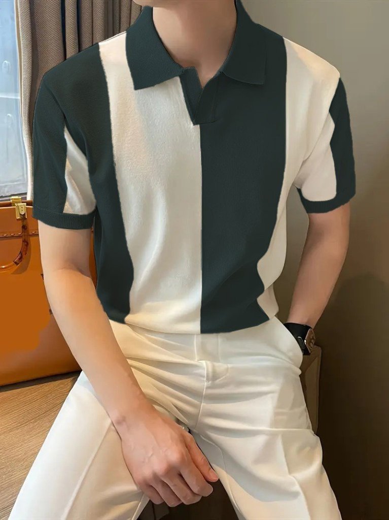 Erkek Kısa Kollu Polo Yakalı Blok Desenli Triko Bluz