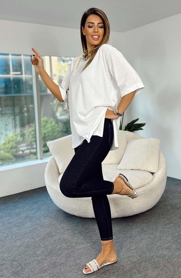 4123 Yırtmaçlı Oversize Tişört - Beyaz