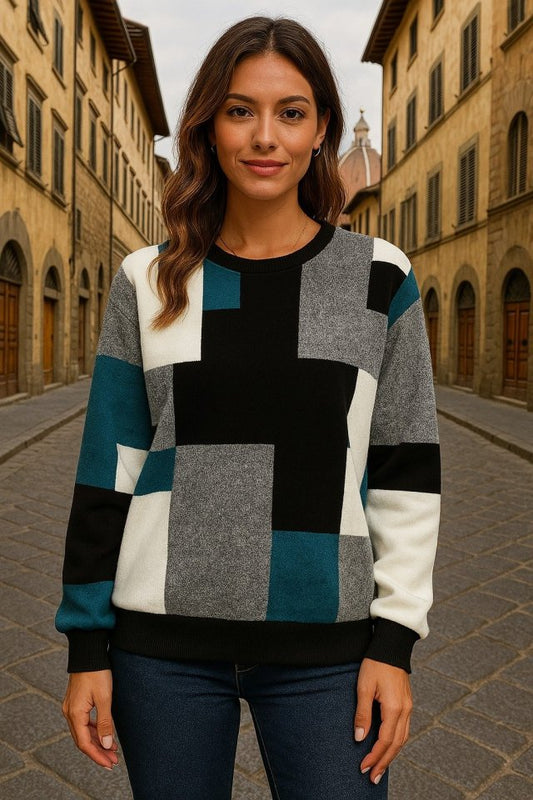 Kadın Uzun Kollu Bisiklet Yaka Renkli Blok Baskı Dalgıç Bluz