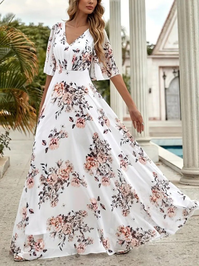 Kadın Kısa Kollu V Yakalı çiçek Desenli Süprem Elbise