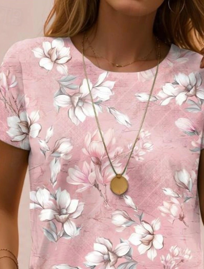 Kadın Kısa Kollu Bisiklet Yaka çiçek Desenli Viskon Bluz