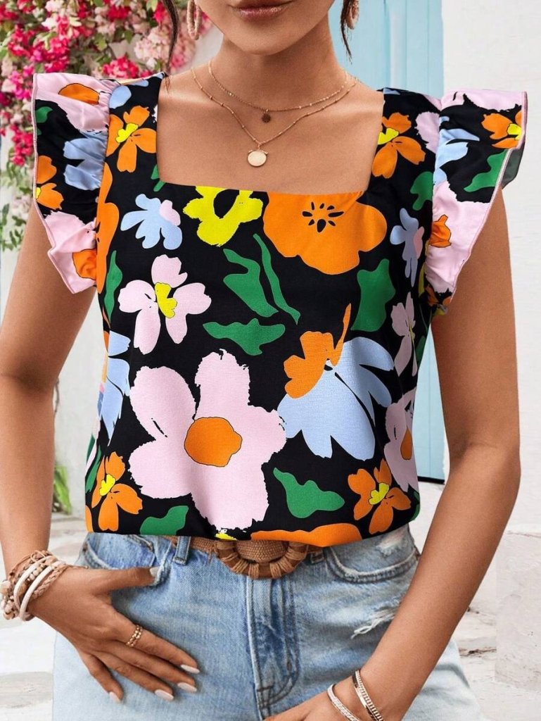Kadın Kısa Fırfır Kollu Kare Yaka çiçek Desenli Ithal Keten Bluz