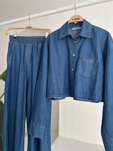 Denim Gömlek Plazzo Pantolon Takım 10163-08