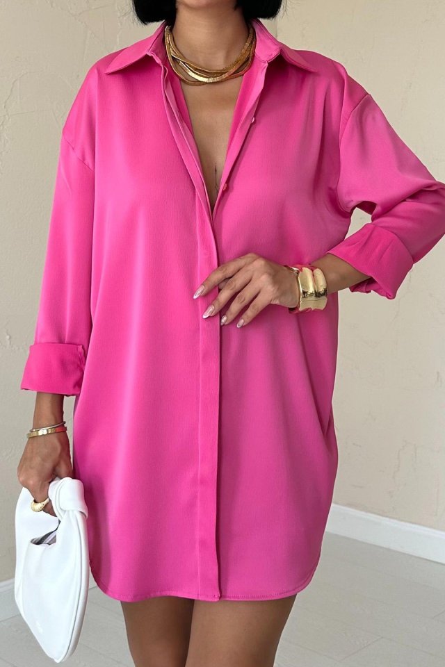 Fuşya Çıtçıtlı Saten Gömlek