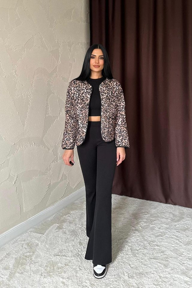Leopar Leopar Desenli Kapitone Ceket