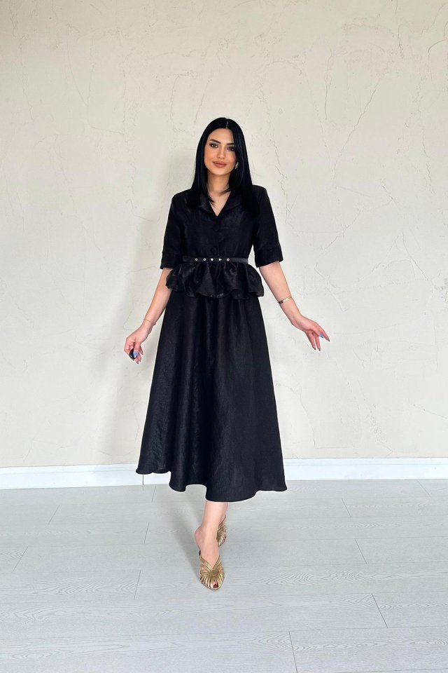 Siyah İnce Kemerli Fırfırlı Ceket Ve Büzgülü Etek Takım